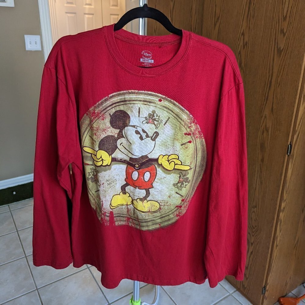 Disney Store Large Red Mickey Mouse Clock Distressed Printed Long Sleeve Shirt